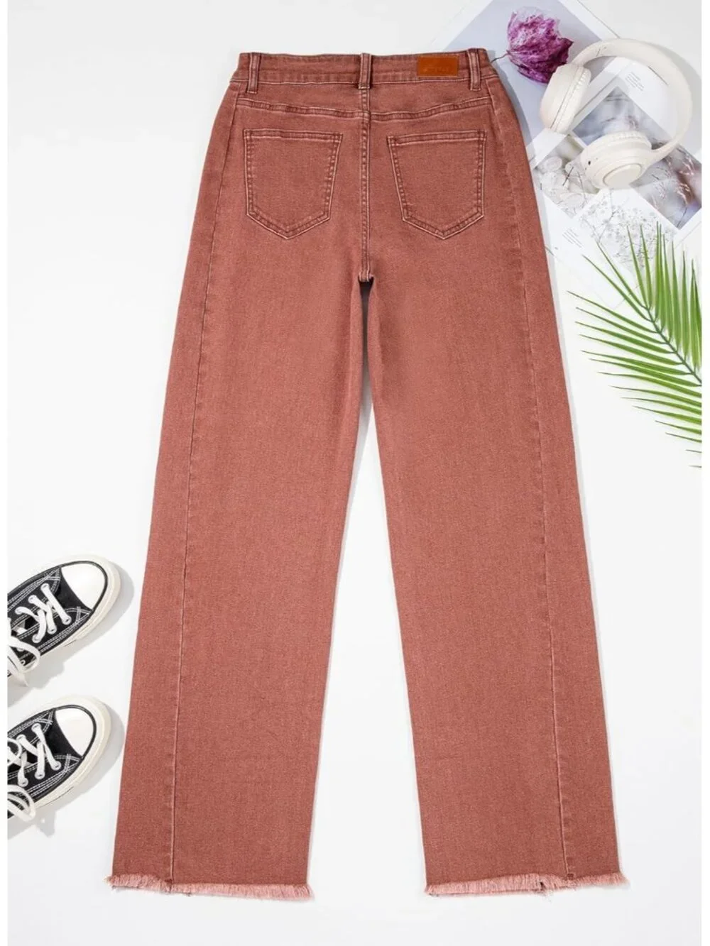 〽️ Women Red High Waist Wide Leg Jeans Stretch Raw Hem Denim Zimbaplatinum